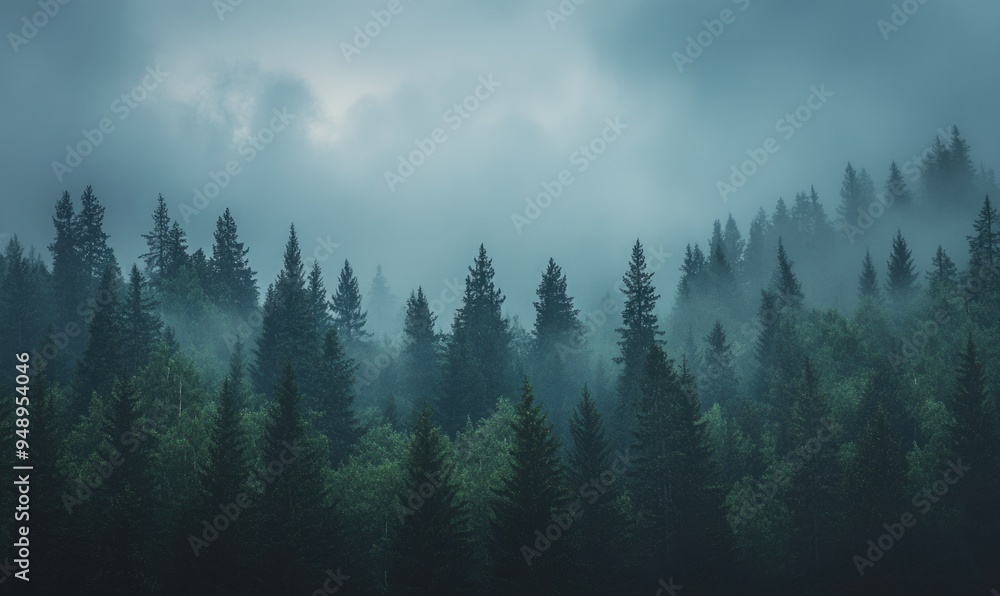 Overcast sky hanging low over a dense forest Overcast sky hanging low over a dense forest
