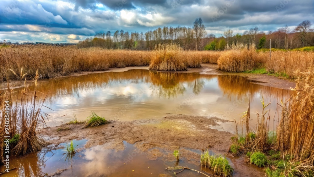 A gloopy, brown mud pit with splattered water and surrounding tall reeds, capturing the messy, earthy essence of a wetland terrain on a gloomy day. A gloopy, brown mud pit with splattered water and surrounding tall reeds, capturing the messy, earthy essence of a wetland terrain on a gloomy day.