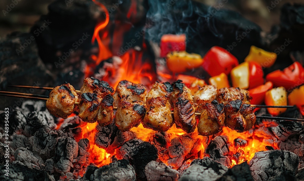 Mixed vegetable skewers rotating over glowing embers Mixed vegetable skewers rotating over glowing embers