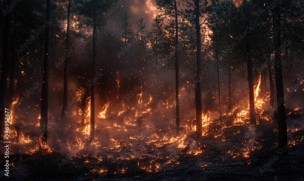 Raging fire spreading through a dense forest, flames climbing high into the treetops Raging fire spreading through a dense forest, flames climbing high into the treetops