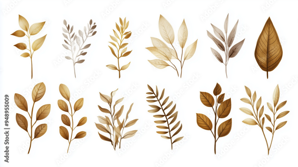 A series of hand-drawn botanical illustrations in shimmering gold, depicting various plants and leaves with intricate detailing, set against a clean white background. The combinati A series of hand-drawn botanical illustrations in shimmering gold, depicting various plants and leaves with intricate detailing, set against a clean white background. The combinati
