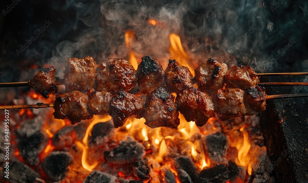 Meat grilling over a bed of red-hot coals Meat grilling over a bed of red-hot coals