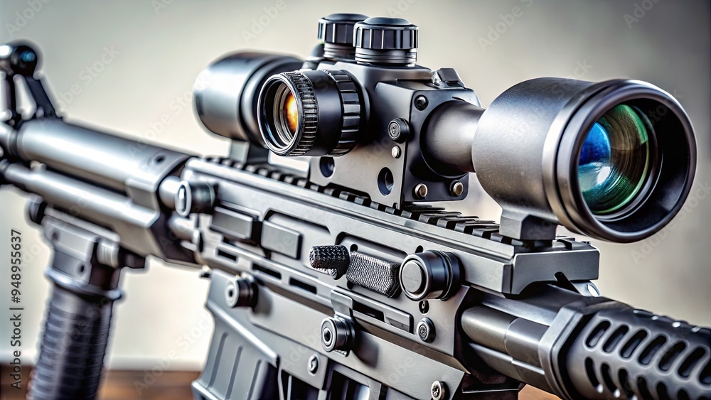 A high-tech collimator sight on a modern rifle, featuring a sleek design, adjustable mechanism, and precision optics, mounted on a tactical weapon. A high-tech collimator sight on a modern rifle, featuring a sleek design, adjustable mechanism, and precision optics, mounted on a tactical weapon.