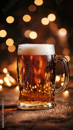 Freshly poured glass of beer sits on a rustic wooden table, with warm bokeh lights creating a cozy and inviting atmosphere