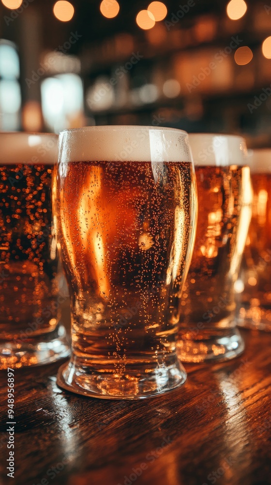 Multiple beer glasses with condensation are lined up on a bar top, with the interior of the bar out of focus in the background Multiple beer glasses with condensation are lined up on a bar top, with the interior of the bar out of focus in the background