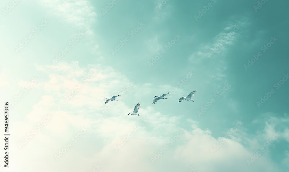 Fototapeta premium Storks flying across the sky