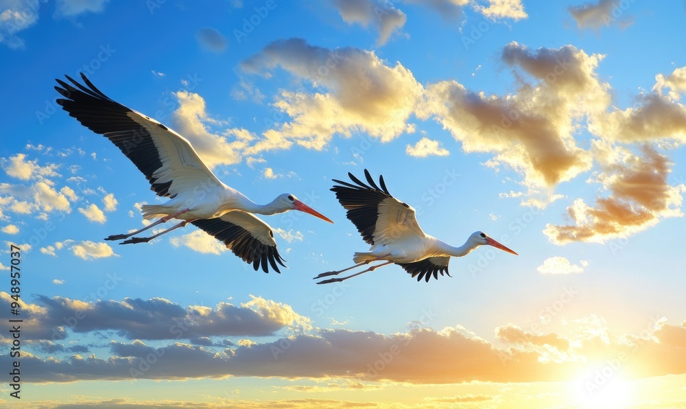 Obraz premium Storks flying across the sky