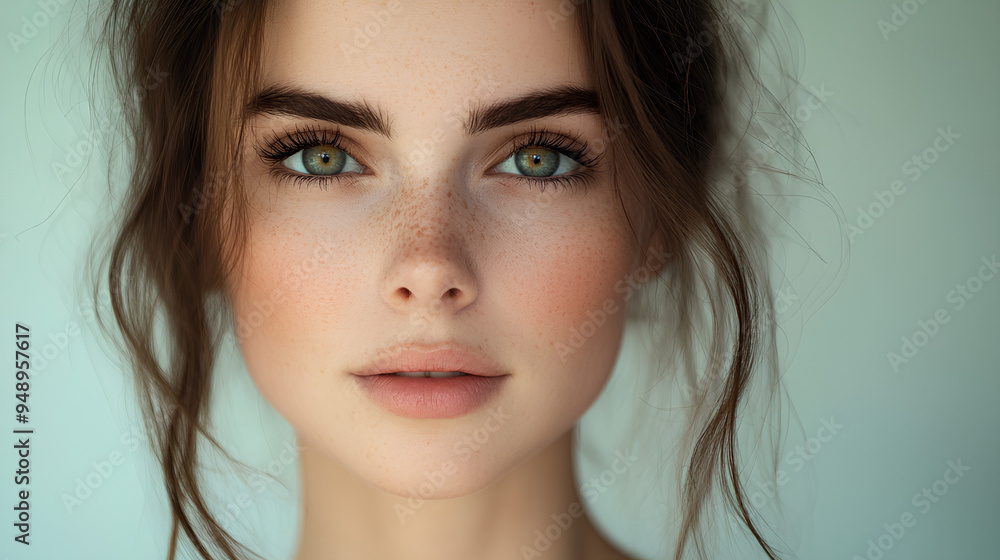 Closeup Portrait of Young Woman with Freckles and Green Eyes Closeup Portrait of Young Woman with Freckles and Green Eyes