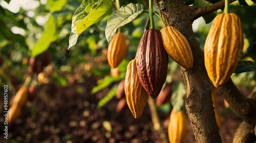 Chocolate cacao farm, cocoa plantation in asia, with farmers harvesting cacao pods from the tree photo