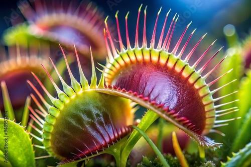 Intricate, dew-kissed Venus flytrap leaves reveal delicate trigger hairs and snap traps, showcasing the fascinating, photo