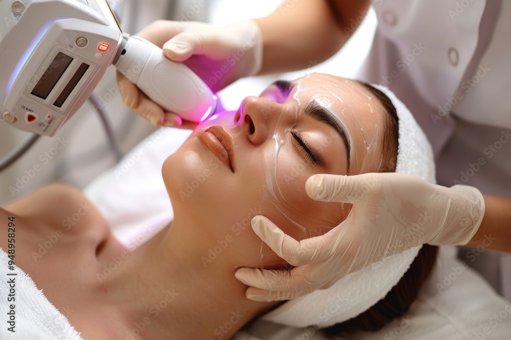 Woman receiving a facial treatment with laser technology in a calm spa environment during the day Woman receiving a facial treatment with laser technology in a calm spa environment during the day