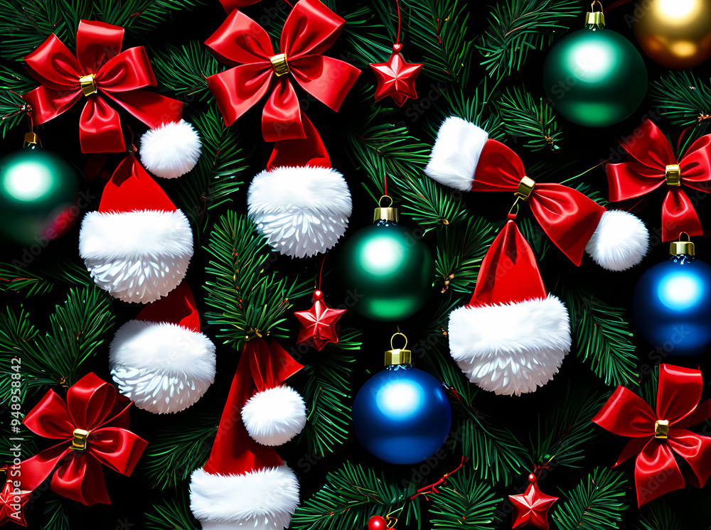 Christmas Tree with Santa Hats, Red Ribbons, and Colorful Ornaments Christmas Tree with Santa Hats, Red Ribbons, and Colorful Ornaments