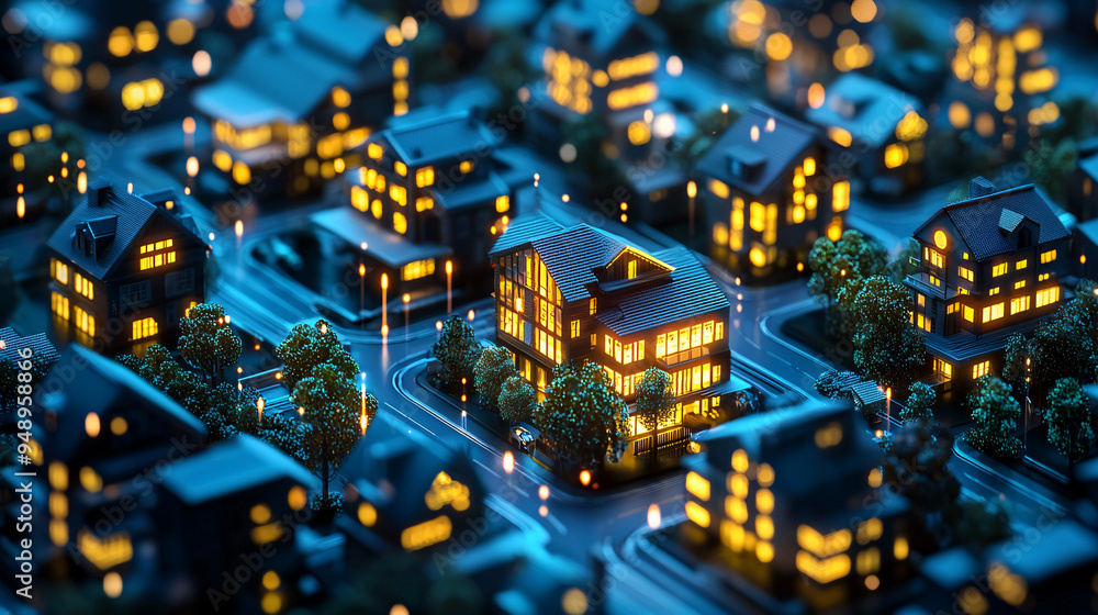 Obraz premium A 3D real estate investment model with glowing property icons, representing the opportunities and strategies in modern property investment 
