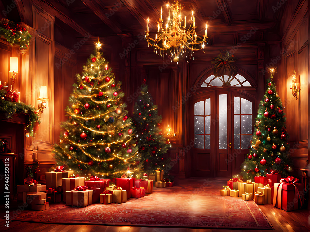 Elegant Christmas room with multiple decorated trees and wrapped presents. Elegant Christmas room with multiple decorated trees and wrapped presents.
