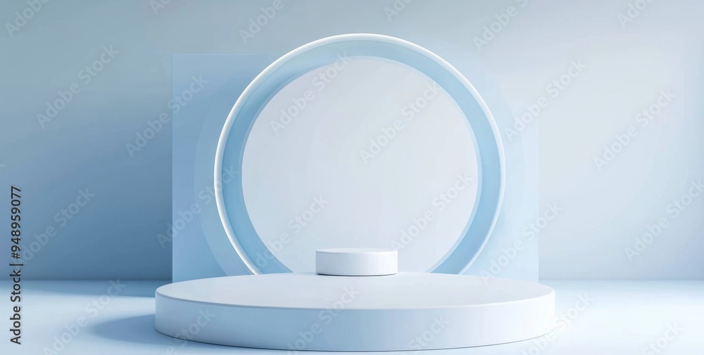 Minimalist Plain White and Light Blue Background for Product Presentation with Round Podium in the Middle, Featuring Geometric Shapes and Clean Aesthetic Minimalist Plain White and Light Blue Background for Product Presentation with Round Podium in the Middle, Featuring Geometric Shapes and Clean Aesthetic