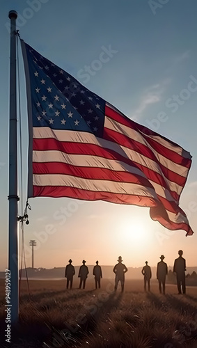 Wehende US-Flagge vor Soldaten im Feld photo