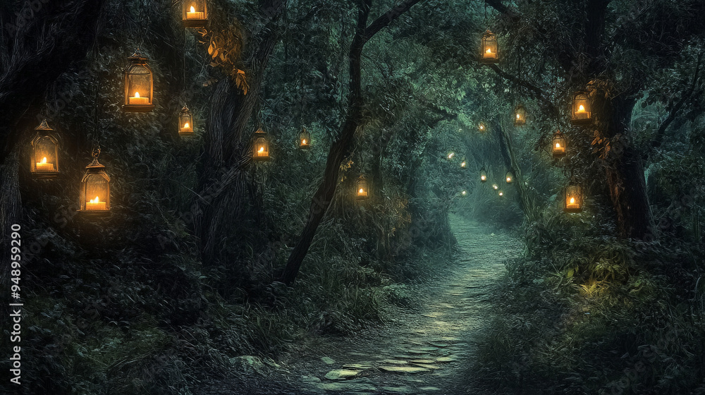 Fototapeta premium Spooky Halloween night with floating lanterns on dark forest path 