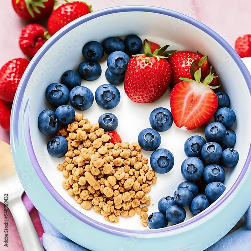 bowl of yoghurt with blueberries and strawberries
