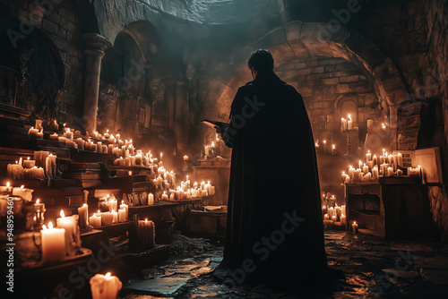 A dark vampiric figure reading silently in a candlelit chamber filled with ancient tomes at midnight photo