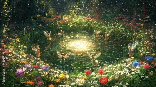   A garden of flowers, tinkerbells and wildflowers surrounds a serene pond in this painting