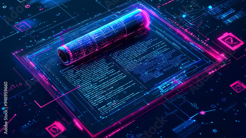 A 3D smart contract with digital signatures and encrypted codes, symbolizing the automation and security of modern financial agreements 