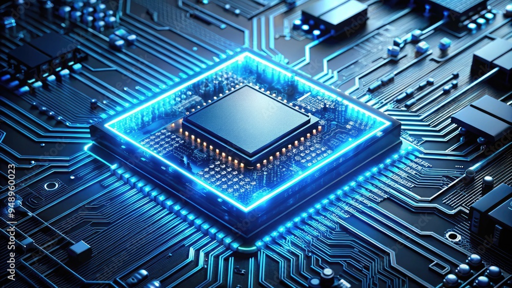 A microscopic view of a modern central processing unit chip, glowing bright blue, with intricate circuits and wires etched onto its silicon surface. A microscopic view of a modern central processing unit chip, glowing bright blue, with intricate circuits and wires etched onto its silicon surface.