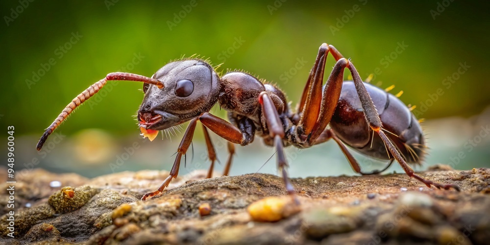 Macro shot of a small, dark brown ant's intricate body, showcasing its tiny mandibles, compound eyes, and segmented Macro shot of a small, dark brown ant's intricate body, showcasing its tiny mandibles, compound eyes, and segmented