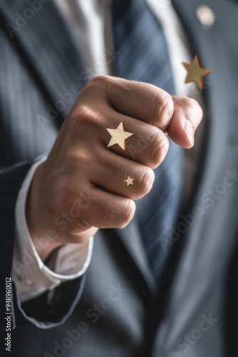 A businessman's hand holds a three-star customer experience rating, symbolizing excellent