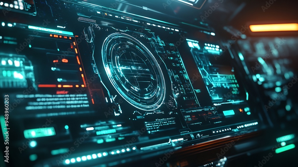 Futuristic interface design for a scifi video game with holographic elements and glowing icons Futuristic interface design for a scifi video game with holographic elements and glowing icons