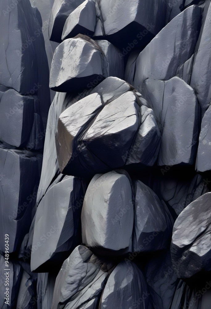 Fototapeta premium Textured black gray rock formation with cracks and crevices, creating abstract and rugged natural pattern, mountain sightview landscape, texture, background, backdrop, painting, illustration, artwork