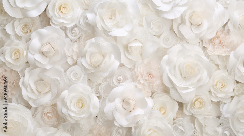 Background with white roses in full bloom. White background full of roses and petals that resemble the texture of fabric. Background with white roses in full bloom. White background full of roses and petals that resemble the texture of fabric.