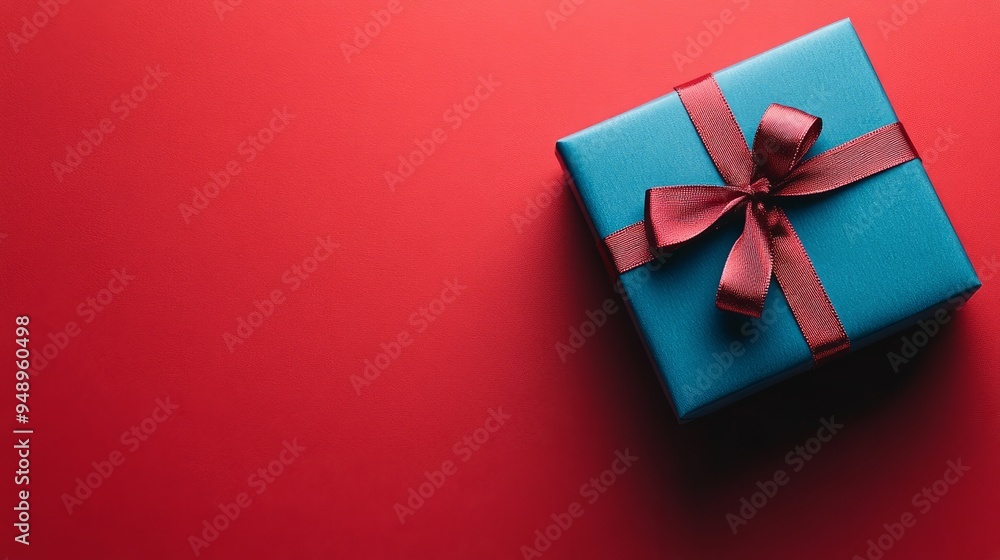 Blue gift box on red background with empty space for your text or message. - Blue gift box on red background with empty space for your text or message. -