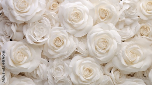 Fototapeta Naklejka Na Ścianę i Meble -  Background with white roses in full bloom. White background full of roses and petals that resemble the texture of fabric.