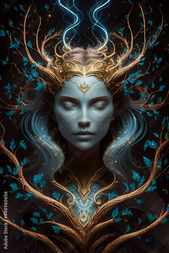 portrait of beautiful Eyva tree- goddess from Pandora planet. close up. Digital artwork. Ai generated