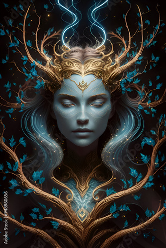 Obraz na płótnie portrait of beautiful Eyva tree- goddess from Pandora planet. close up. Digital artwork. Ai generated w salonie