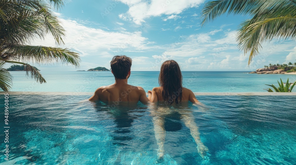 couple on the beach at sunset, honeymoon travel, man and woman sitting near swimming pool in hotel resort couple on the beach at sunset, honeymoon travel, man and woman sitting near swimming pool in hotel resort