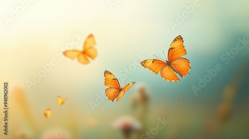  A cluster of orange butterflies flying above a field of flowers against a blue sky background