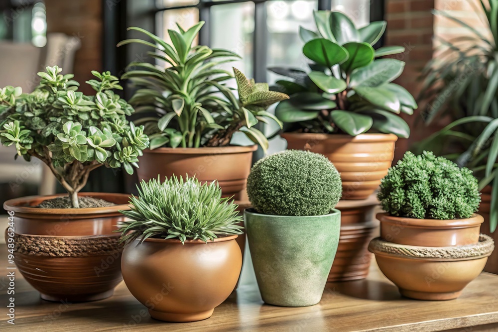 Four potted plants of different sizes and shapes are arranged on a wooden table Four potted plants of different sizes and shapes are arranged on a wooden table