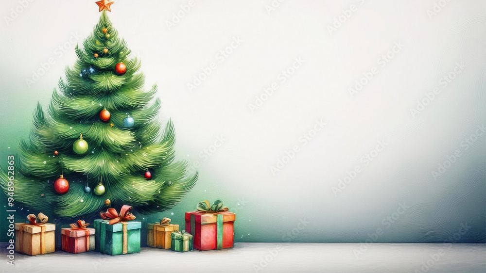 Cartão de Natal, carta de natal. Pequena arvore de natal no canto esquerdo da tela, decorada com caixas de presentes em baixo dela. Render 3d, fundo claro com espaço para escrita. Cartão de Natal, carta de natal. Pequena arvore de natal no canto esquerdo da tela, decorada com caixas de presentes em baixo dela. Render 3d, fundo claro com espaço para escrita.