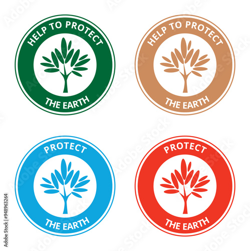 Colored help protect the earth labels with the draw of a tree on a white background