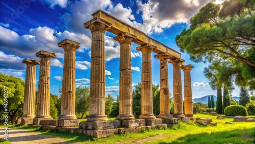 Ancient ruins of the Temple of Zeus at Olympia, Greece, surrounded by lush greenery and majestic Doric columns, under a bright blue sky. photo