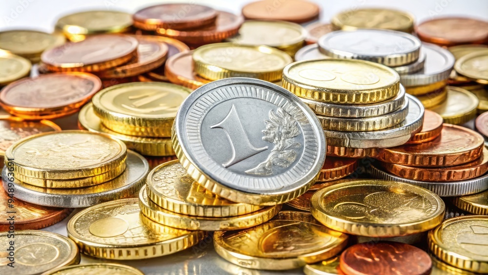 A neat arrangement of shiny Euro coins in various denominations against a pristine white background, showcasing their metallic sheen and intricate design details. A neat arrangement of shiny Euro coins in various denominations against a pristine white background, showcasing their metallic sheen and intricate design details.