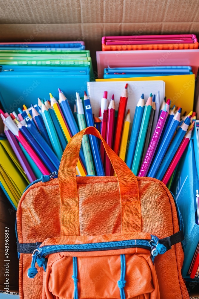 An ultra sharp photo a cardboard box filled with a backpack brimming with colorful school supplies An ultra sharp photo a cardboard box filled with a backpack brimming with colorful school supplies