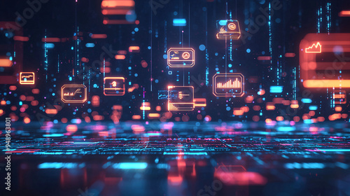 A 3D digital asset tracker with floating asset icons and data, symbolizing the real-time monitoring and management of financial assets 
