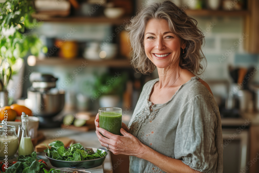 Smiling vegetarian woman holding a green smoothie in a vibrant kitchen filled with fresh ingredients and sunlight during the afternoon Smiling vegetarian woman holding a green smoothie in a vibrant kitchen filled with fresh ingredients and sunlight during the afternoon