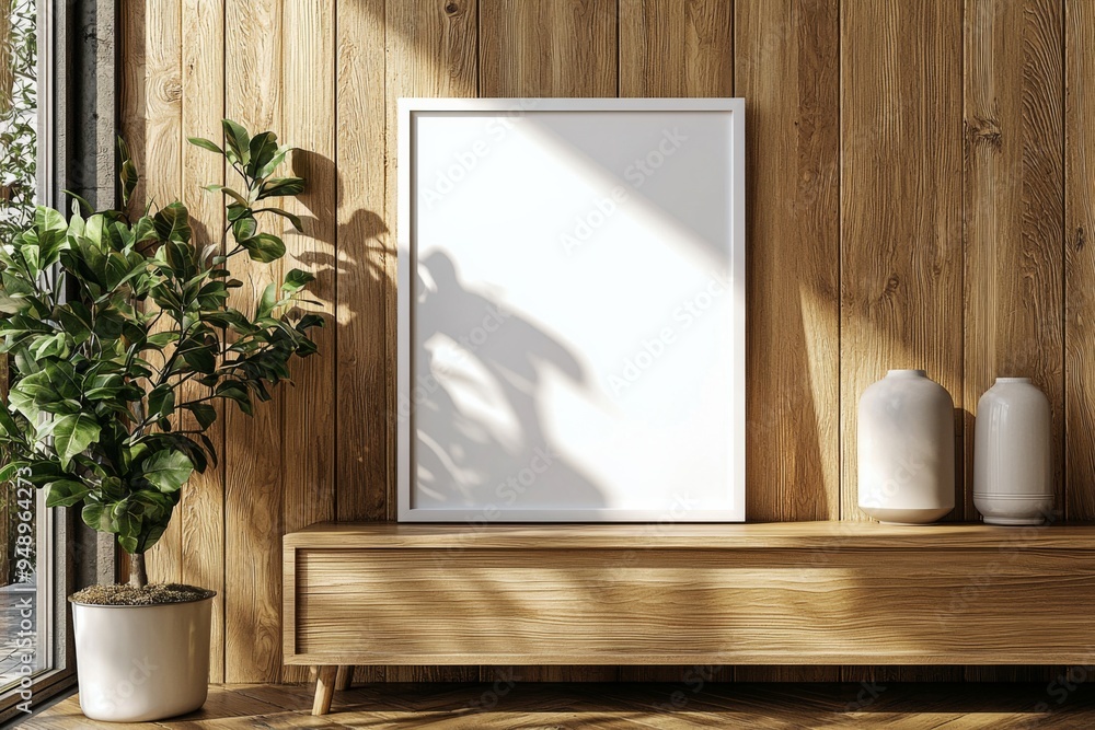 Poster Frame Mockup on Wooden Interior Background created with Generative AI Poster Frame Mockup on Wooden Interior Background created with Generative AI
