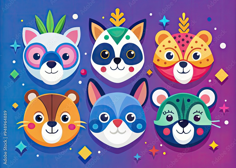 animal mask digital icon design modern illustration minimalist cute cartoon characters playful vibrant colors primary shapes bold lines whimsical fantasy mythical creature storytelling visual identity animal mask digital icon design modern illustration minimalist cute cartoon characters playful vibrant colors primary shapes bold lines whimsical fantasy mythical creature storytelling visual identity
