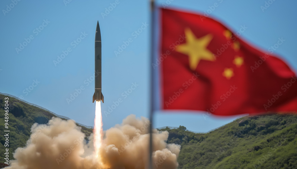 ICBM ballistic missile being launched, blurred China flag in foreground. Chinese weapons of mass destruction concept. Generative AI