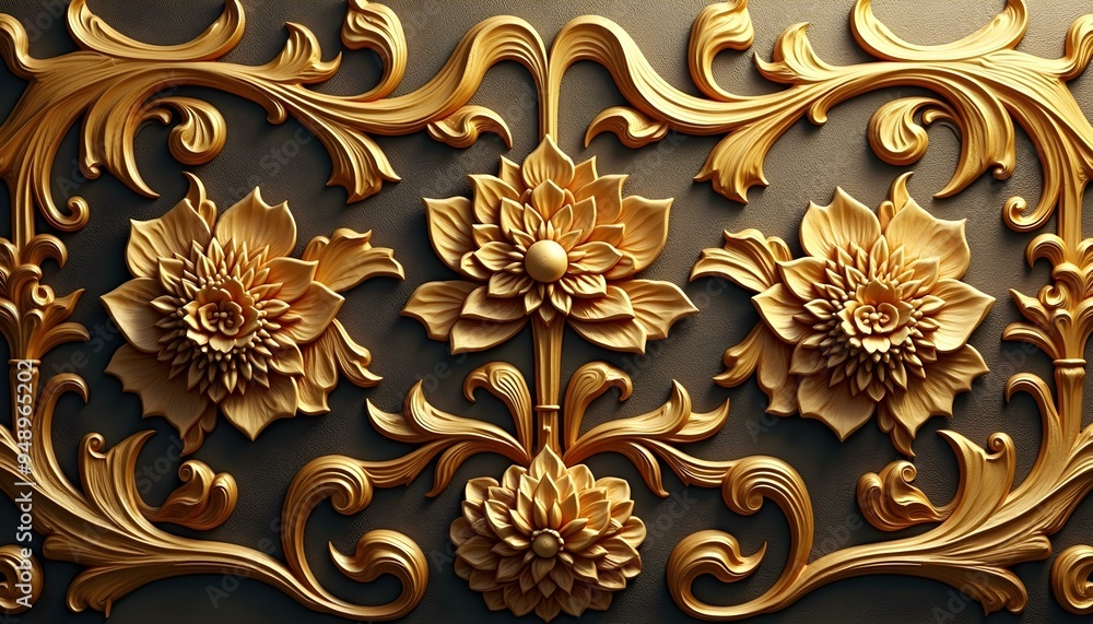 Ornate golden floral pattern, with intricate swirling leaves and vines Ornate golden floral pattern, with intricate swirling leaves and vines