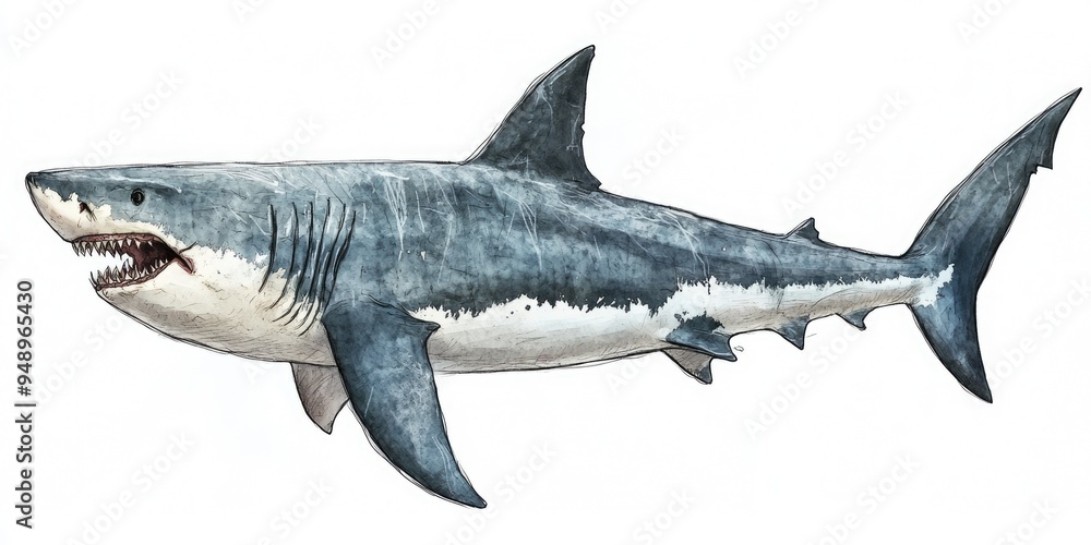 Fototapeta premium Shark Profile. Prehistoric Megalodon Side View: Mammoth, Gigantic and Powerful Predator Fish